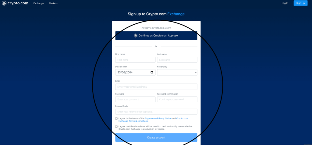create a new account on crypto.com